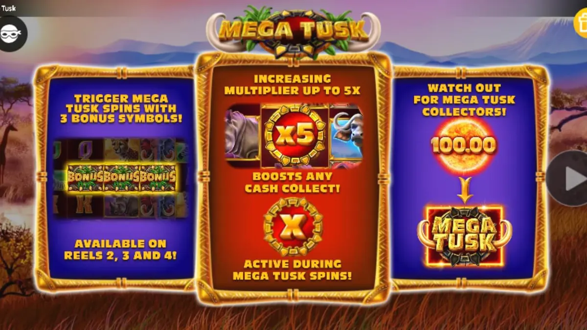 Interface do slot Mega Tusks com tema de savana africana