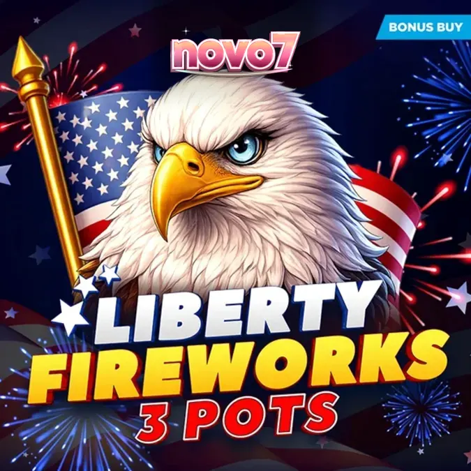 Cenário festivo do slot Liberty Fireworks 3 Pots com fogos de artifício e símbolos patrióticos.